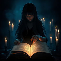 An open book with the silhouette of the protagonist reaching for it, her long hair cascading down