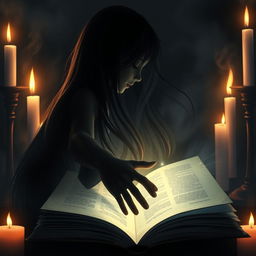 An open book with the silhouette of the protagonist reaching for it, her long hair cascading down