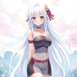 A full-body anime-style character of a Japanese girl with long, flowing white hair and bright light blue eyes