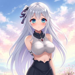 A full-body anime-style character of a Japanese girl with long, flowing white hair and bright light blue eyes