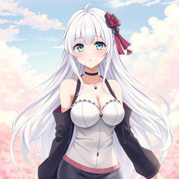 A full-body anime-style character of a Japanese girl with long, flowing white hair and bright light blue eyes