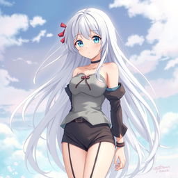 A full-body anime-style character of a Japanese girl with long, flowing white hair and bright light blue eyes