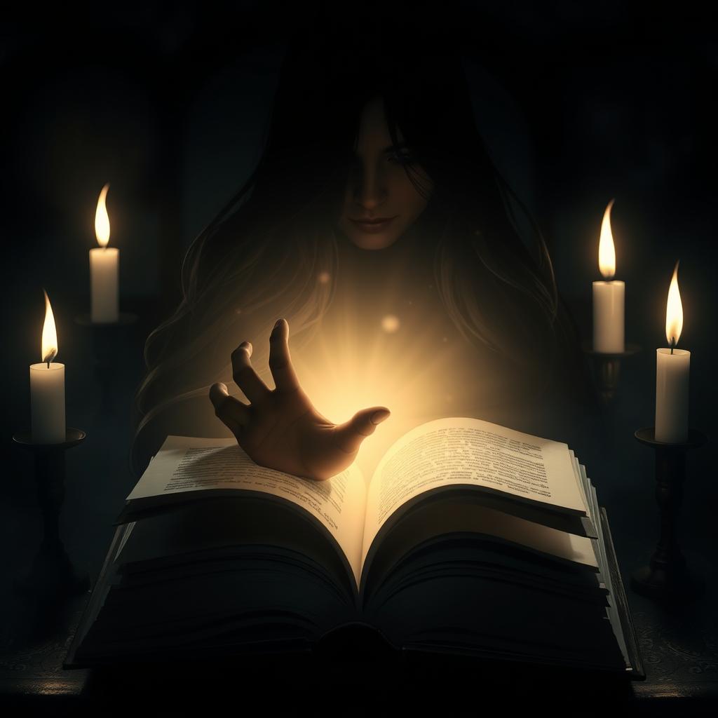 An open book with the dark silhouette of the protagonist reaching for it, her long hair cascading