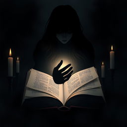 An open book with the dark silhouette of the protagonist reaching for it, her long hair cascading