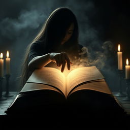 An open book with the dark silhouette of the protagonist reaching for it, her long hair cascading