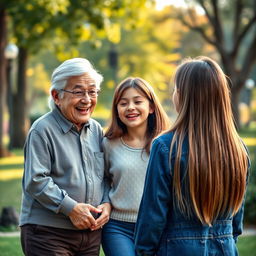 A heartwarming scene featuring fictional characters: a pair of joyful grandparents with straight hair joyfully interacting with their little granddaughter, who also has straight hair