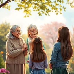 A heartwarming scene featuring fictional characters: a pair of joyful grandparents with straight hair joyfully interacting with their little granddaughter, who also has straight hair