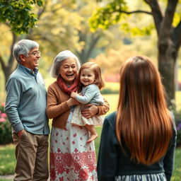 A heartwarming scene featuring fictional characters: a pair of joyful grandparents with straight hair joyfully interacting with their little granddaughter, who also has straight hair