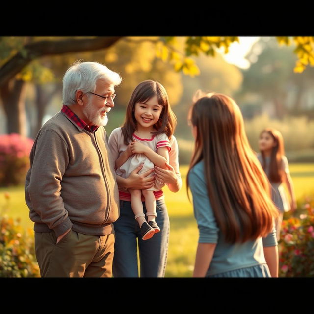 A heartwarming scene featuring fictional characters: a pair of joyful grandparents with straight hair joyfully interacting with their little granddaughter, who also has straight hair