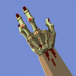 a hand of an infected character, showing visible bones, blood, and decay, designed in the pixelated style of Minecraft, 32x32 dimensions