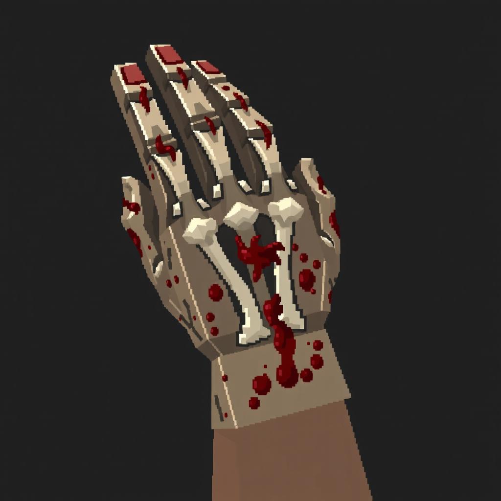 a hand of an infected character, showing visible bones, blood, and decay, designed in the pixelated style of Minecraft, 32x32 dimensions