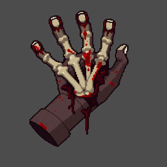 a hand of an infected character, showing visible bones, blood, and decay, designed in the pixelated style of Minecraft, 32x32 dimensions