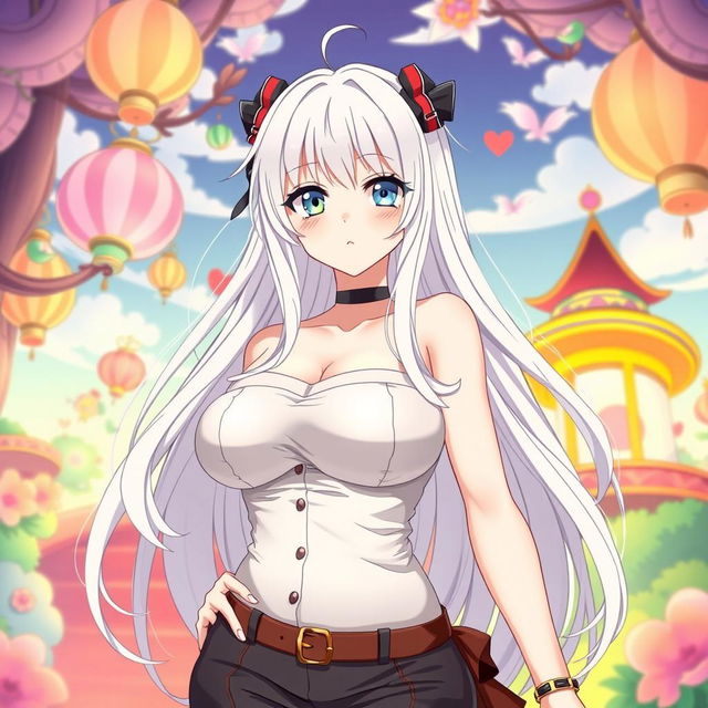 A full-body portrait of an anime-style Japanese female character, featuring long white hair and light blue eyes