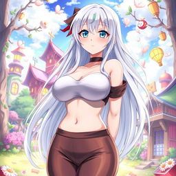 A full-body portrait of an anime-style Japanese female character, featuring long white hair and light blue eyes