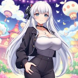 A full-body portrait of an anime-style Japanese female character, featuring long white hair and light blue eyes