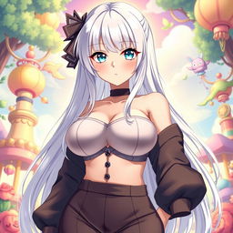 A full-body portrait of an anime-style Japanese female character, featuring long white hair and light blue eyes