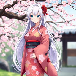 A full-body anime character design of a Japanese girl with long white hair and light blue eyes