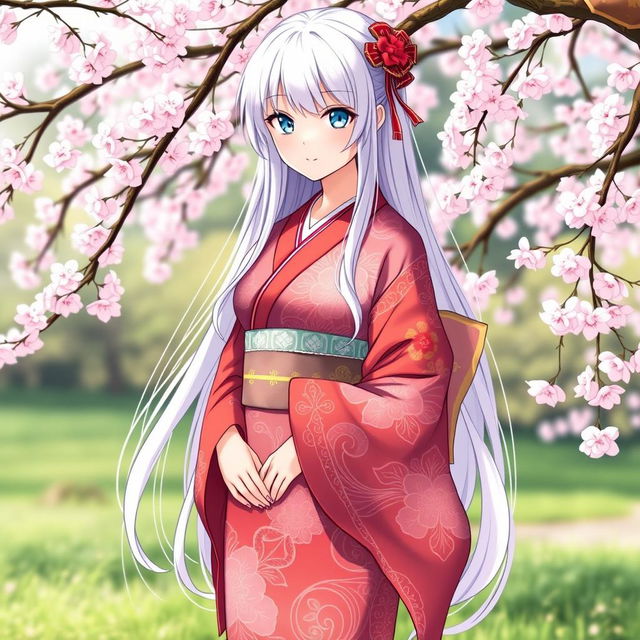 A full-body anime character design of a Japanese girl with long white hair and light blue eyes