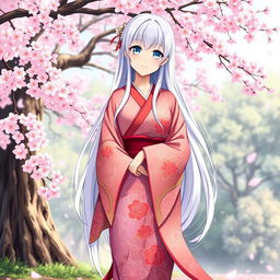 A full-body anime character design of a Japanese girl with long white hair and light blue eyes