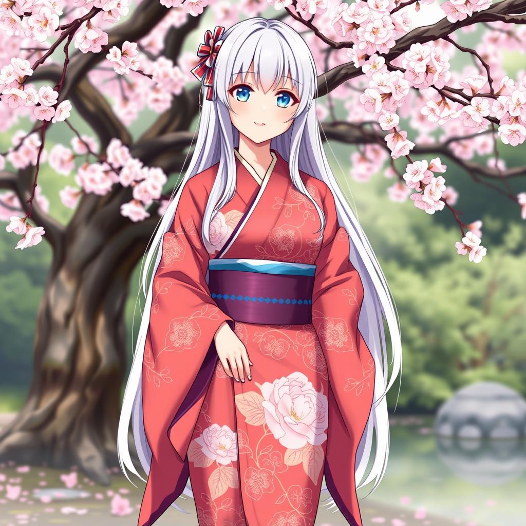 A full-body anime character design of a Japanese girl with long white hair and light blue eyes