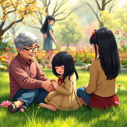 A joyful scene featuring fictional characters: a pair of grandparents, with straight black hair, happily playing with their little granddaughter, who also has straight black hair