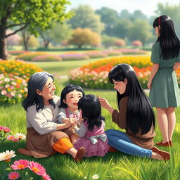 A joyful scene featuring fictional characters: a pair of grandparents, with straight black hair, happily playing with their little granddaughter, who also has straight black hair