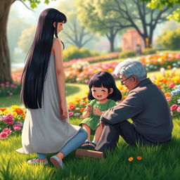 A joyful scene featuring fictional characters: a pair of grandparents, with straight black hair, happily playing with their little granddaughter, who also has straight black hair