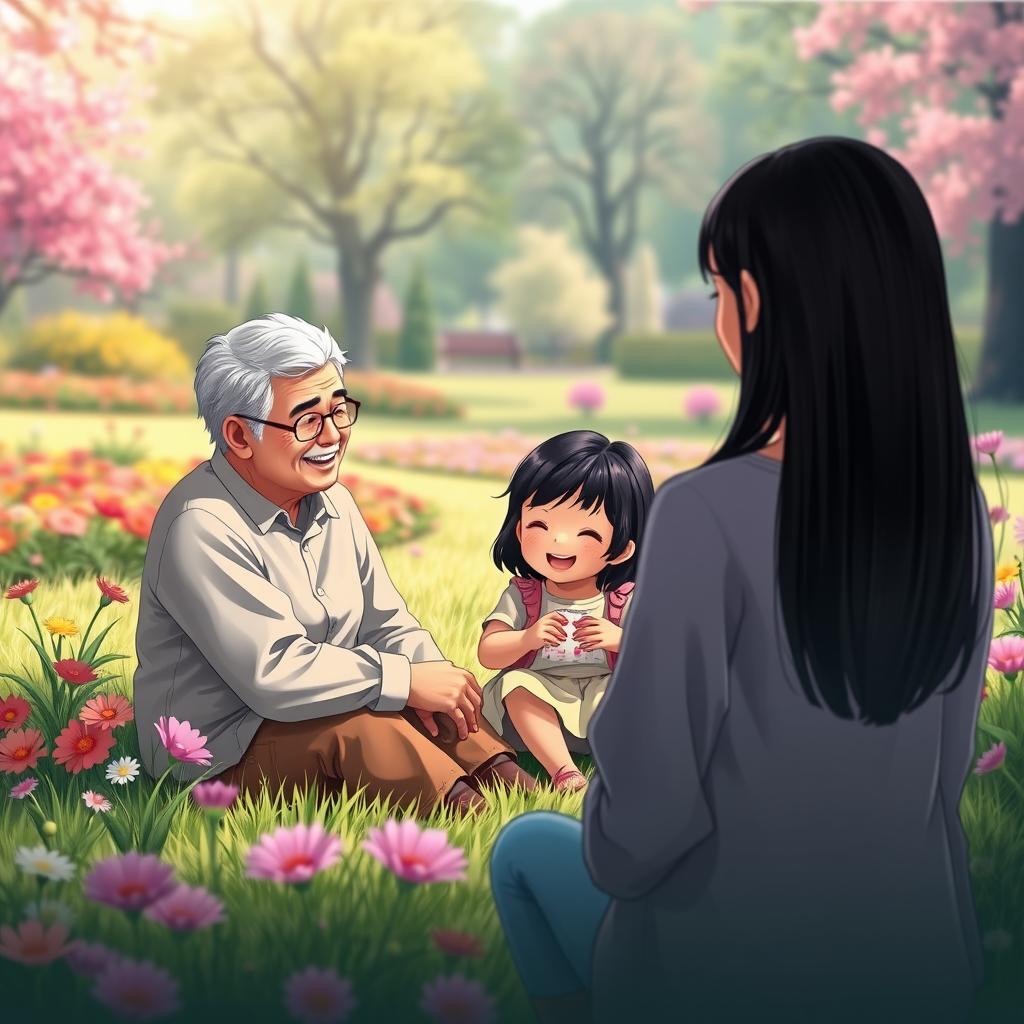 A joyful scene featuring fictional characters: a pair of grandparents, with straight black hair, happily playing with their little granddaughter, who also has straight black hair