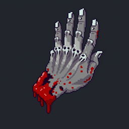 A pixel art depiction of an infected hand in the style of the game Minecraft, showing details such as visible bones, blood oozing out, and signs of decay and rot