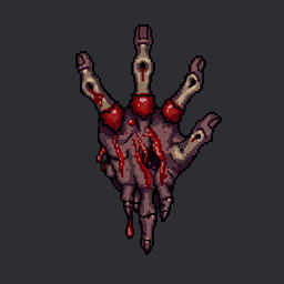 A pixel art depiction of an infected hand in the style of the game Minecraft, showing details such as visible bones, blood oozing out, and signs of decay and rot