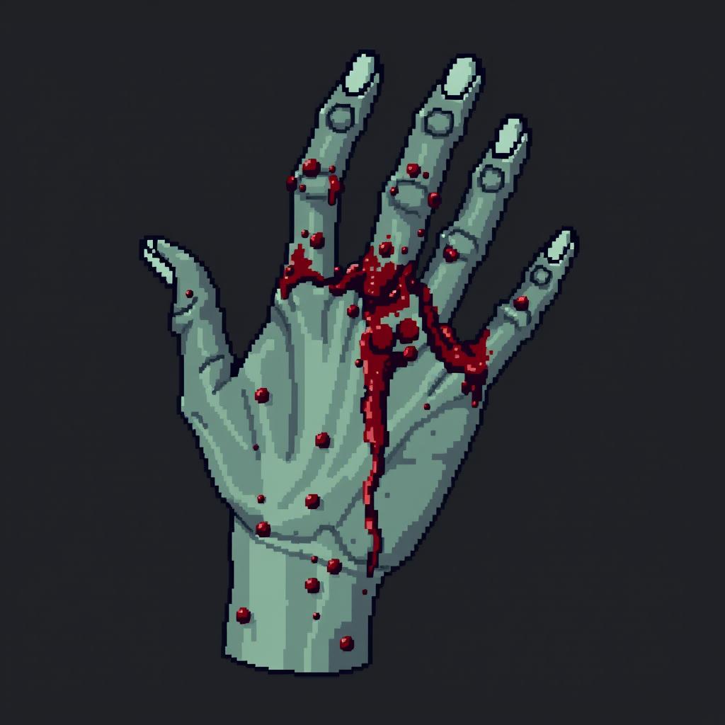 A pixel art depiction of an infected hand in the style of the game Minecraft, showing details such as visible bones, blood oozing out, and signs of decay and rot