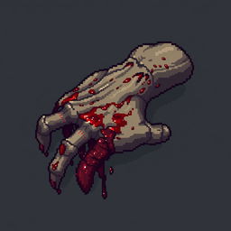 A pixel art depiction of an infected hand in the style of the game Minecraft, showing details such as visible bones, blood oozing out, and signs of decay and rot