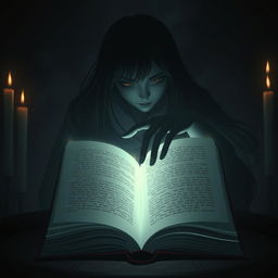 An open book with the dark silhouette of the protagonist reaching for it, her long hair flowing elegantly
