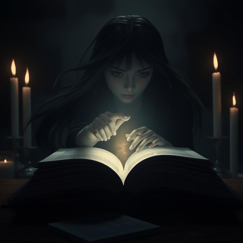 An open book with the dark silhouette of the protagonist reaching for it, her long hair flowing elegantly