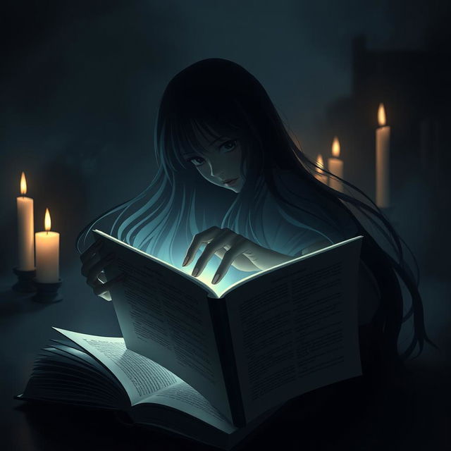 An open book with the dark silhouette of the protagonist reaching for it, her long hair flowing elegantly