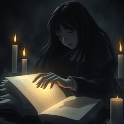 An open book with the dark silhouette of the protagonist reaching for it, her long hair flowing elegantly