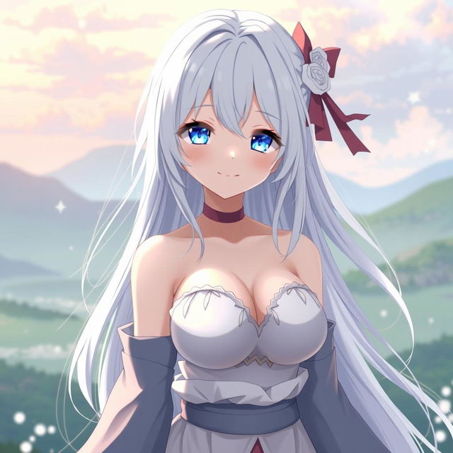 A full-body anime-style character design of a Japanese girl with long white hair and bright light blue eyes