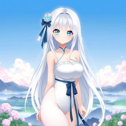 A full-body anime-style character design of a Japanese girl with long white hair and bright light blue eyes