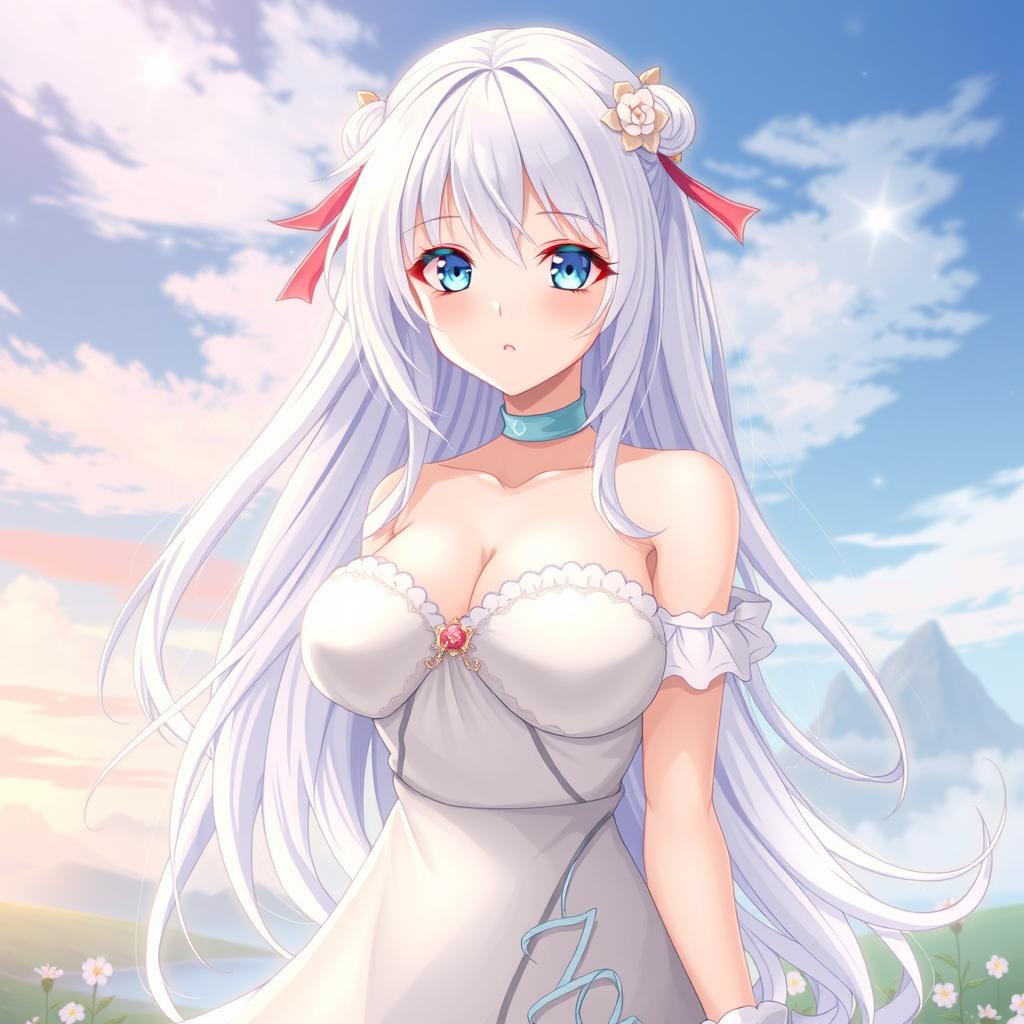 A full-body anime-style character design of a Japanese girl with long white hair and bright light blue eyes