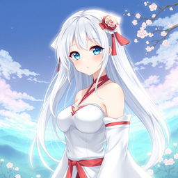 A full-body anime-style character design of a Japanese girl with long white hair and bright light blue eyes