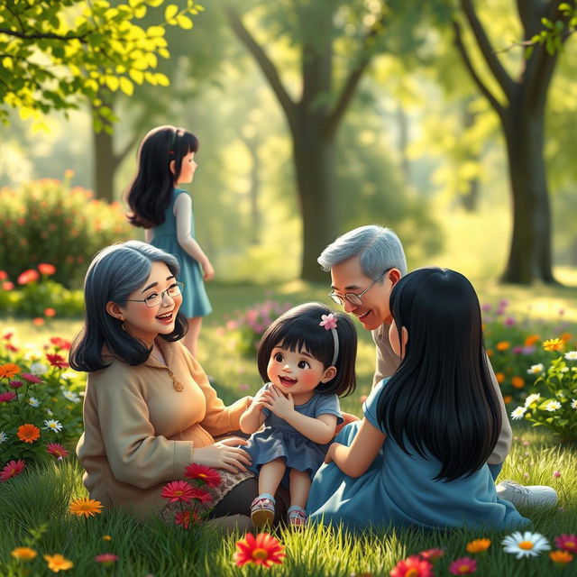 A delightful scene featuring fictional characters: a cheerful grandmother and grandfather with straight black hair, sitting on the ground, joyfully playing with their little granddaughter who also has straight black hair