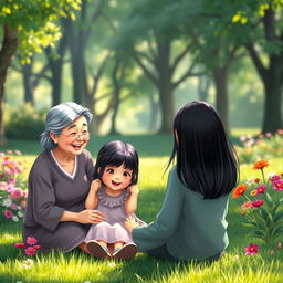 A delightful scene featuring fictional characters: a cheerful grandmother and grandfather with straight black hair, sitting on the ground, joyfully playing with their little granddaughter who also has straight black hair
