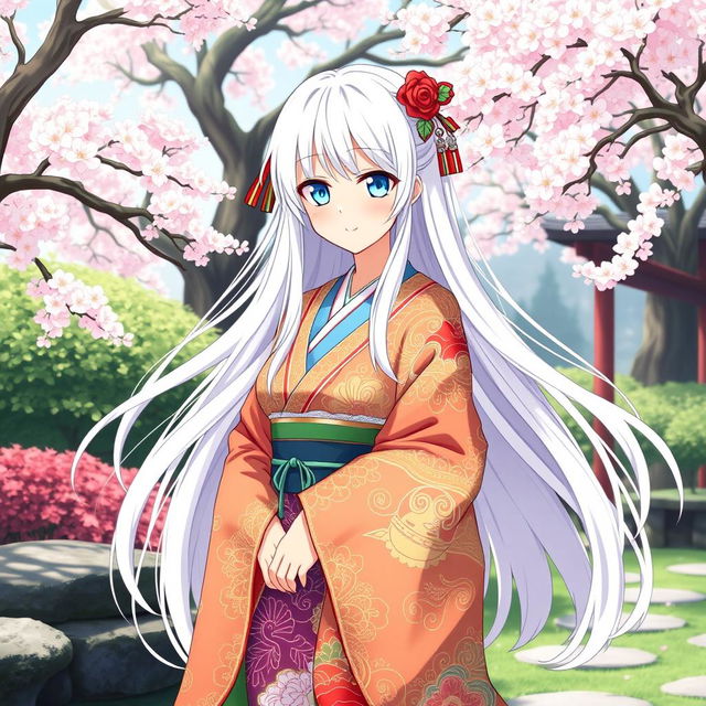 A full-body anime-style character design of a Japanese girl with long white hair and bright light blue eyes