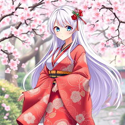 A full-body anime-style character design of a Japanese girl with long white hair and bright light blue eyes