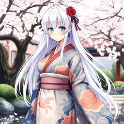 A full-body anime-style character design of a Japanese girl with long white hair and bright light blue eyes