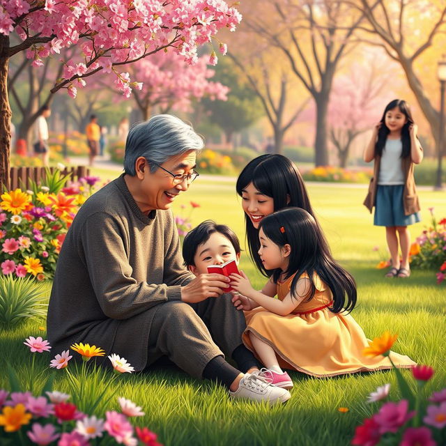 A vibrant and cheerful scene featuring fictional characters: a loving grandmother and grandfather, both with straight black hair, sitting on the ground and happily engaging in playful activities with their straight black-haired little granddaughter