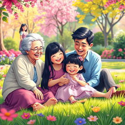 A vibrant and cheerful scene featuring fictional characters: a loving grandmother and grandfather, both with straight black hair, sitting on the ground and happily engaging in playful activities with their straight black-haired little granddaughter