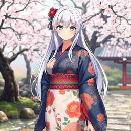 A full-body anime-style character design of a 23-year-old Japanese girl with long white hair and bright light blue eyes
