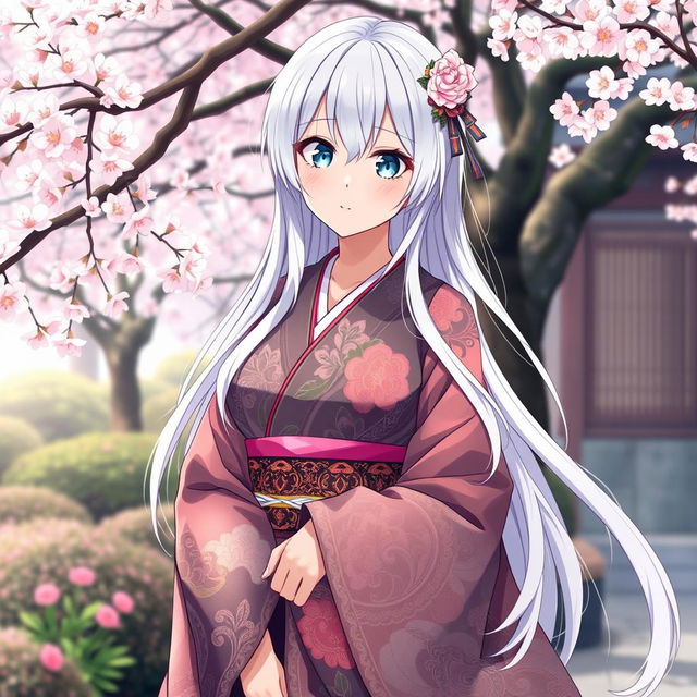 A full-body anime-style character design of a 23-year-old Japanese girl with long white hair and bright light blue eyes