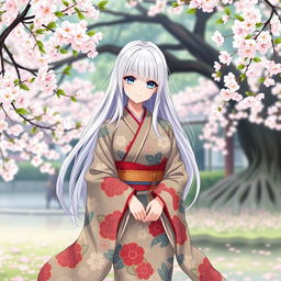 A full-body anime-style character design of a 23-year-old Japanese girl with long white hair and bright light blue eyes